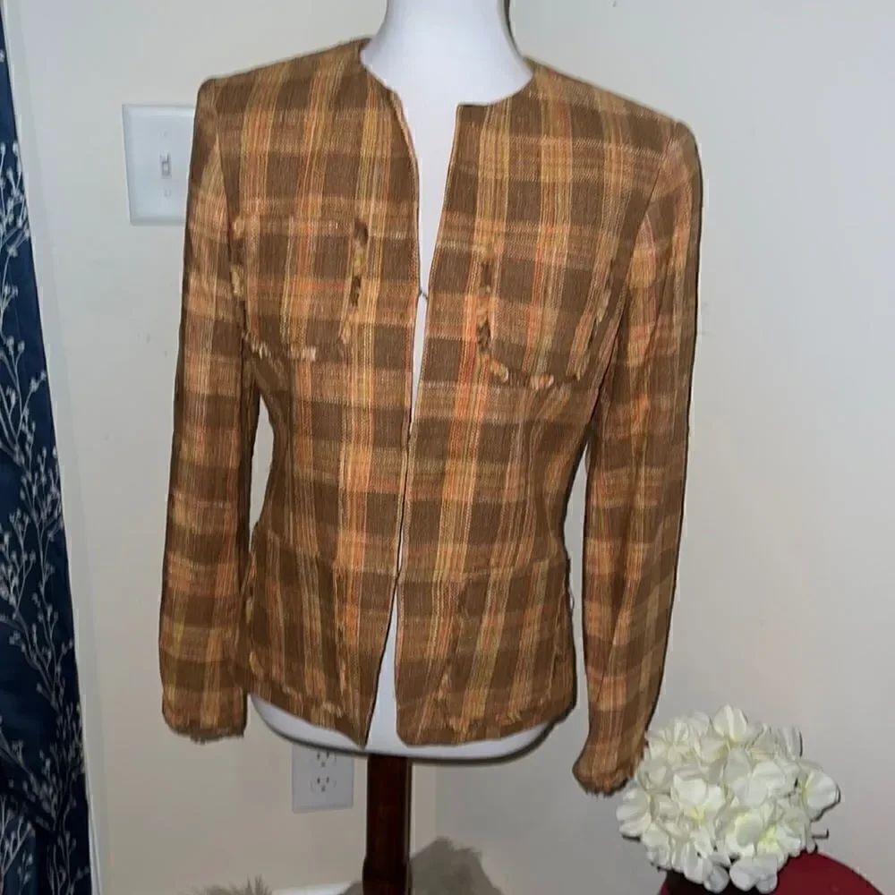 J. McLaughlin Silk Tweed Plaid Blazer Jacket Brown Orange Pockets sz 6